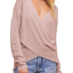 Astr Oversized Wrap V-Neck Sweater Top in Dusty Pink